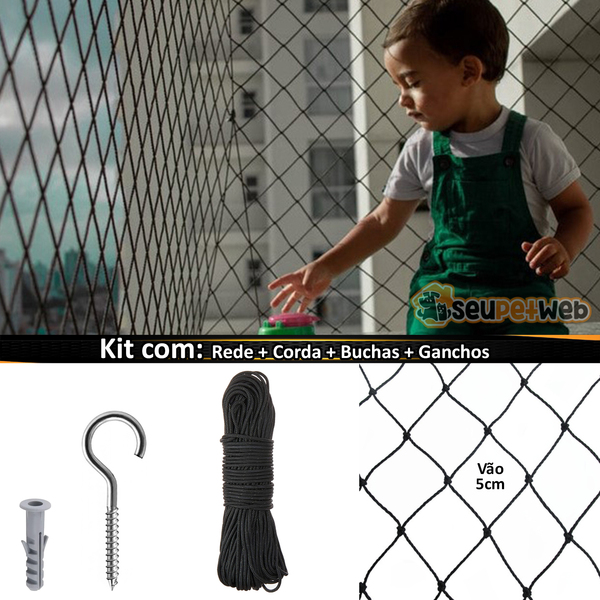 Kit Rede Tela Proteção Apartamento Janela 1,30 X 1,60 Preta