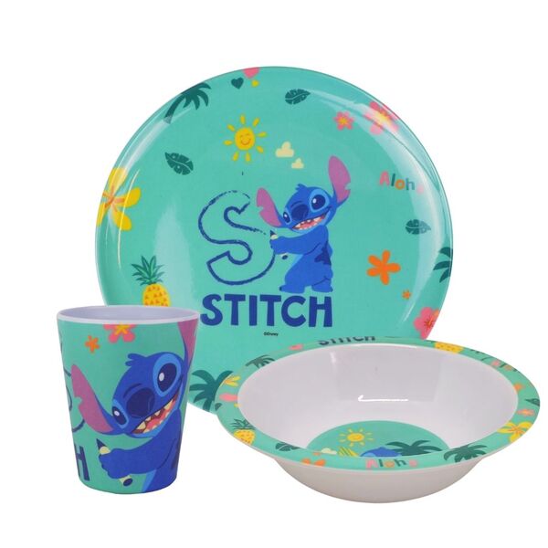 Kit Refeição Infantil Melamina Stitch Disney 3 Peças Prato, T