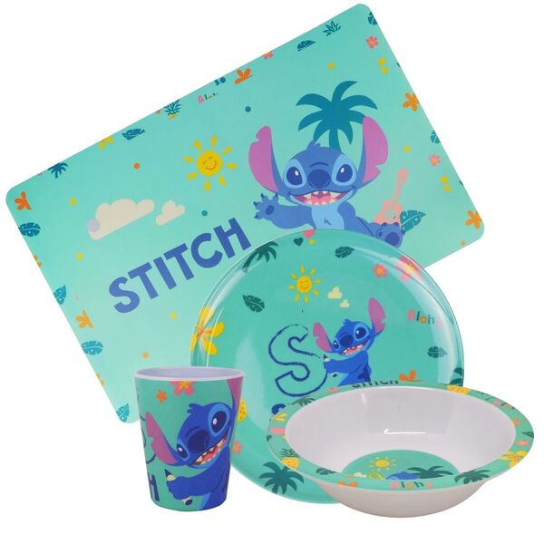 Kit Refeição Infantil Melamina Stitch Disney 4 Peças Incluso