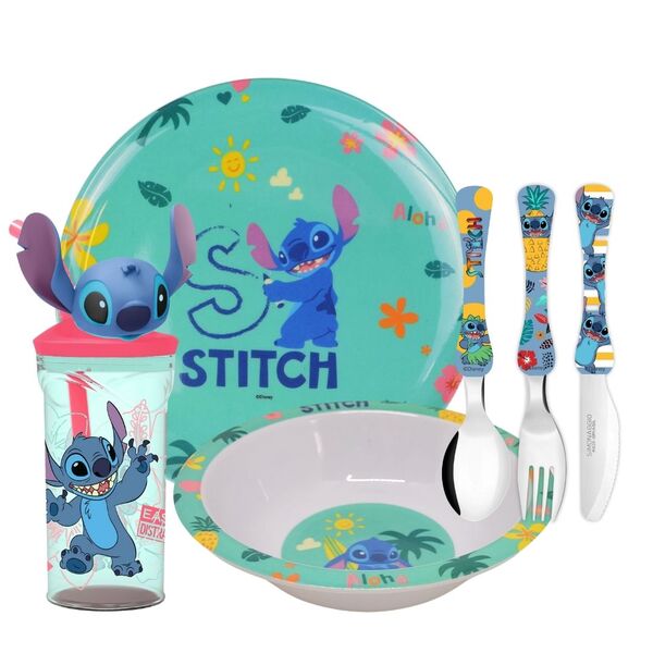 Kit Refeição Infantil Melamina Stitch Disney 6 Peças Incluso