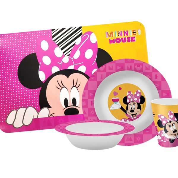 Kit Refeição Infantil Minnie 4 Peças Melamina Prato, Tigela,