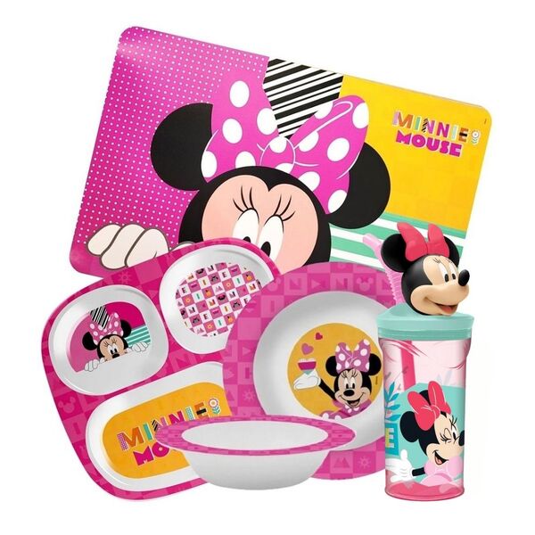 Kit Refeição Infantil Minnie 5 Peças Pratos, Tigela, Copo 3d