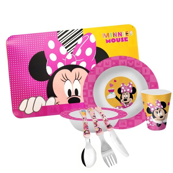 Kit Refeição Infantil Minnie 7 Peças Melamina Prato, Tigela,
