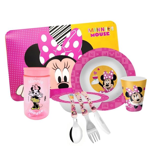 Kit Refeição Infantil Minnie 8 Peças Melamina Prato, Tigela,