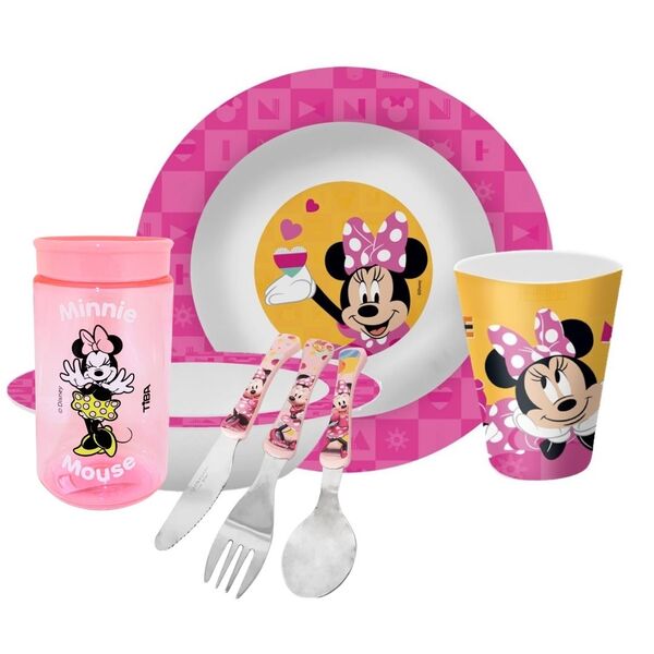 Kit Refeição Infantil Minnie Disney 7 Peças Prato, Tigela, Co