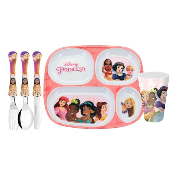 Kit Refeição Infantil Princesas Disney 5 Peças Prato Divisóri