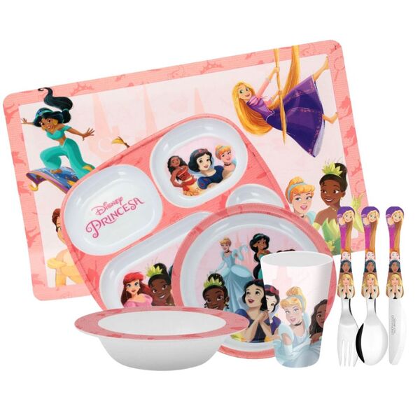 Kit Refeição Infantil Princesas Disney 8 Peças Pratos, Copo,