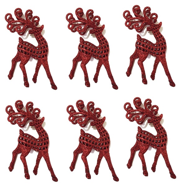 Kit Rena Natal Glitter Vermelho Pendente 13cm 6 Peças Enfeite