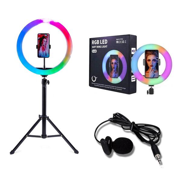 Kit Ring Light Rgb + Tripé 1,5m + Microfone Lapela - Conjunto