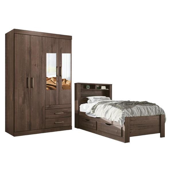 Kit Roupeiro C/ Espelho 4 Portas E Cama C/ Gavetas  Ebano