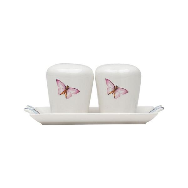 Kit Saleiro e Pimenteiro Porcelana Branca C/Bandeja Borboleta