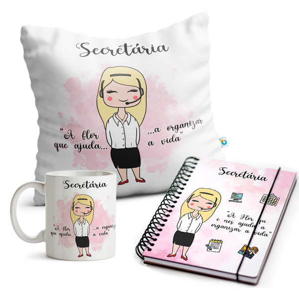 Kit Secretária Feminino Caneca Almofada E Agenda Cabelo:loiro