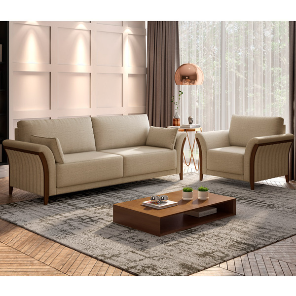 Kit Sofá 02 Lugares 162cm Com Poltrona Stefan Pés De Madeira