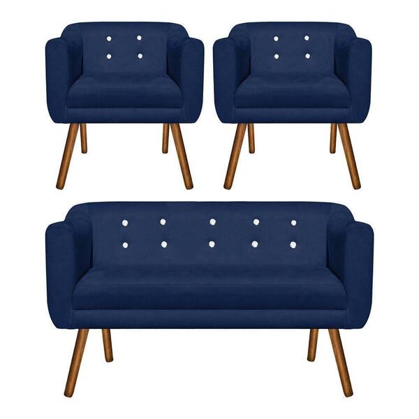 Kit Sofá 02 Lugares E 02 Poltronas Julia Azul Com Strass