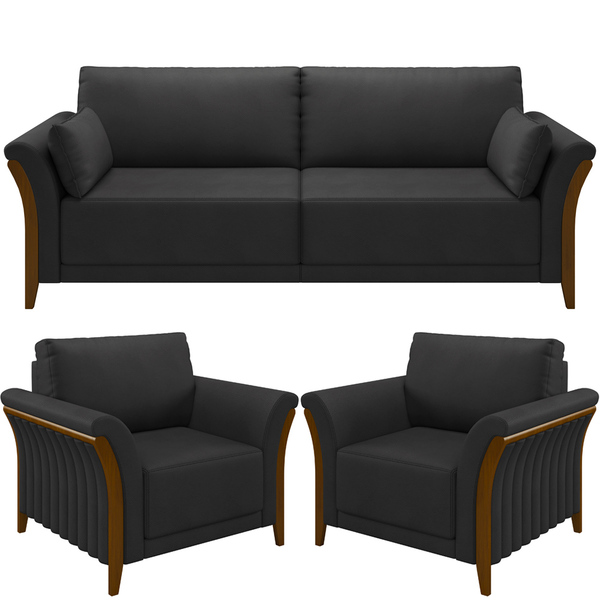 Kit Sofá 03 Lugares 222cm Com 02 Poltronas Stefan Pés Madeira
