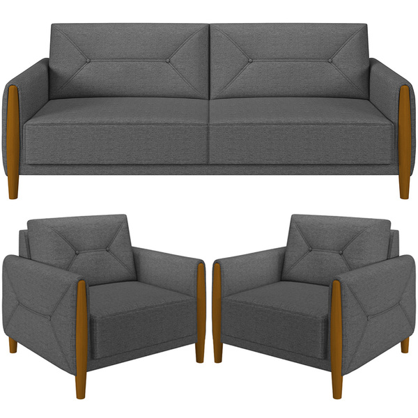 Kit Sofá 03 Lugares Sala Estar 220cm Com 02 Poltronas Berilo