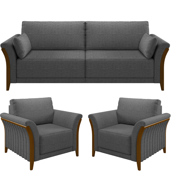 Kit Sofá 03 Lugares Sala Estar 222cm Com 02 Poltronas Stefan