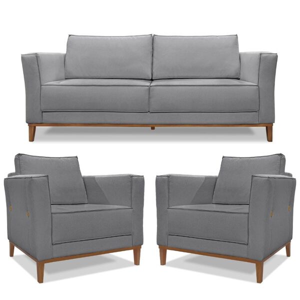 Kit Sofá 170cm E 2 Poltronas 100cm Alicia Para Sala Linho  Ci