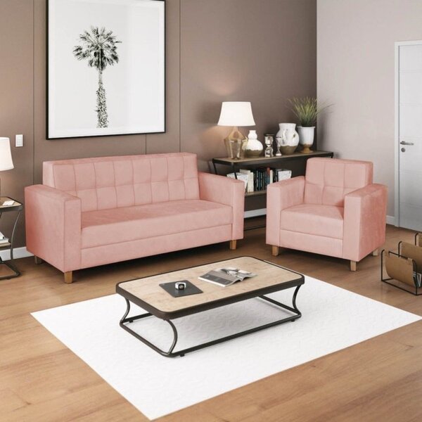 Kit Sofá 180cm E Poltrona Em Corano Dallas Rosa Bebê