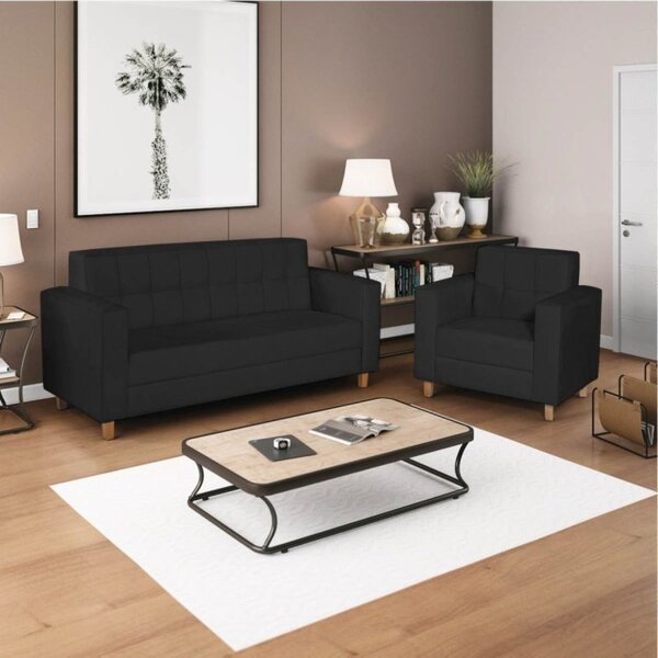 Kit Sofá 180cm E Poltrona Em Corino Dallas Preto