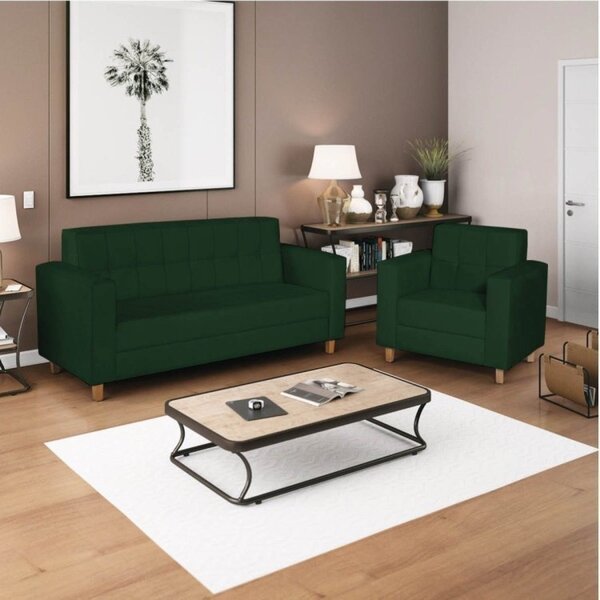 Kit Sofá 180cm E Poltrona Em Suede Dallas Verde