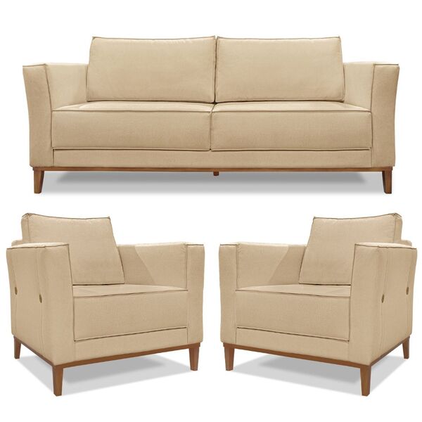 Kit Sofá 210cm E 2 Poltronas 100cm Alicia Para Sala Linho  Do