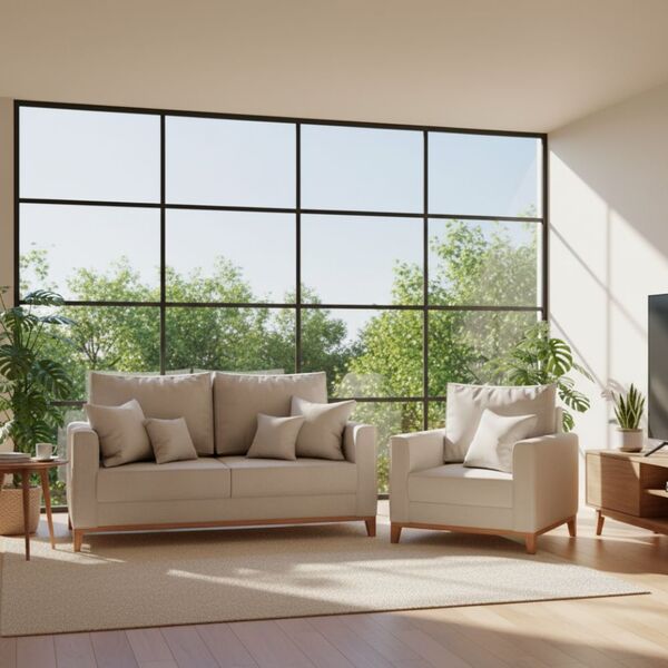 Kit Sofá E Poltrona Decorativo Beni 1 60cm Beni Base Madeira