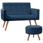 Kit Sofá Namoradeira 2 Lugares Sala Com Puff Decorativo Azul