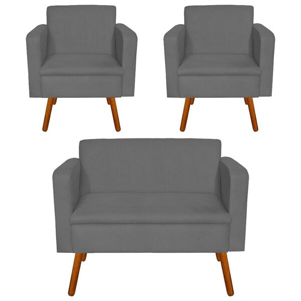Kit Sofá Retrô Namoradeira E 02 Poltronas Emília Suede Grafit