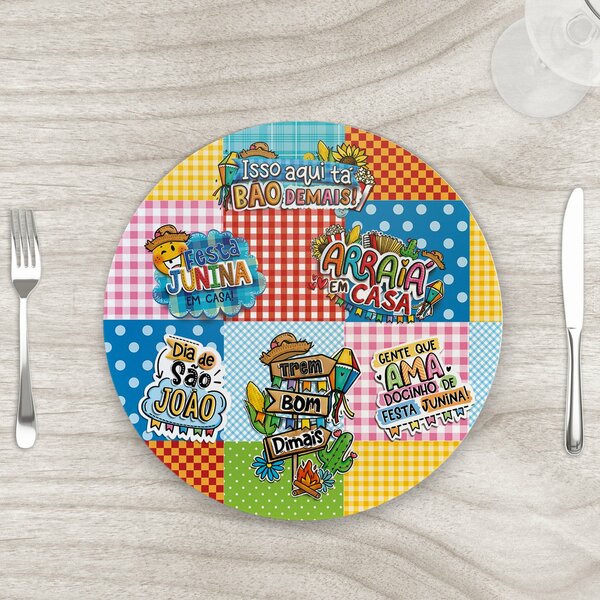 Kit Sousplat 35cm Junino Patchwork Com Base - 4 Unidades