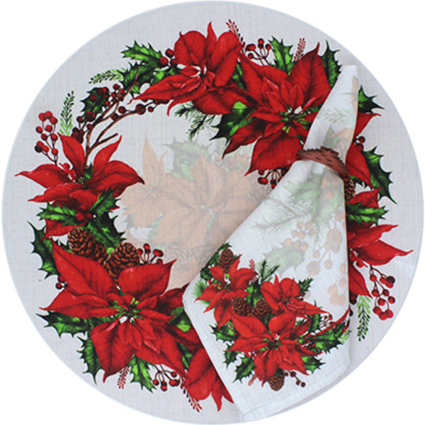 Kit Sousplat + Guardanapo Flor Natal - 12 Peças - Com Base