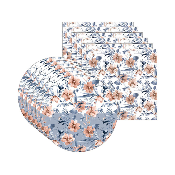 Kit Sousplat + Guardanapo Floral Azul/branco - 6 Peças - Sem