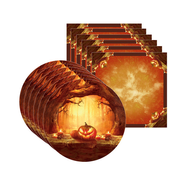 Kit Sousplat + Guardanapo Halloween Abóbora Fantasma - 6 Peça