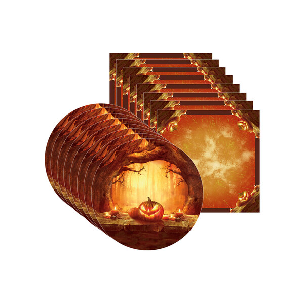 Kit Sousplat + Guardanapo Halloween Abóbora Fantasma - 8 Peça