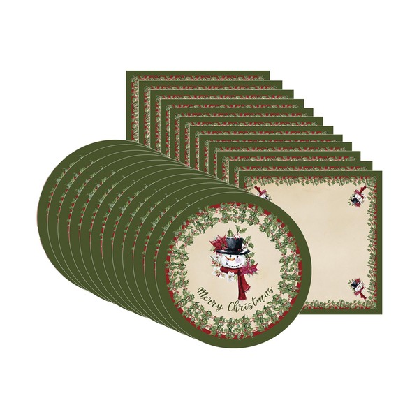 Kit Sousplat + Guardanapo Natal Boneco Neve/borda Verde - 12