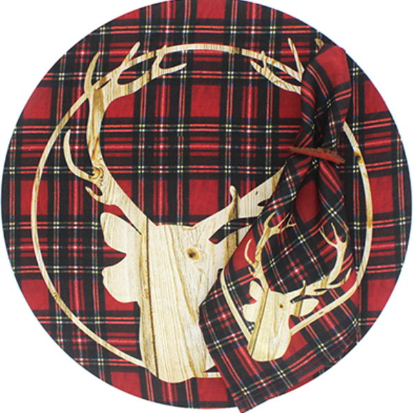 Kit Sousplat + Guardanapo Natal Cervo Xadrez - 6 Peças - Com