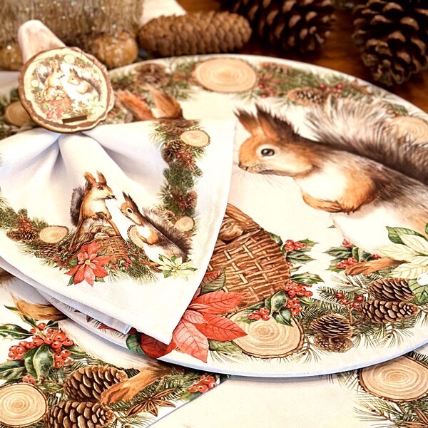 Kit Sousplat + Guardanapo Natal Esquilo Ii - 4 Peças - Com Ba