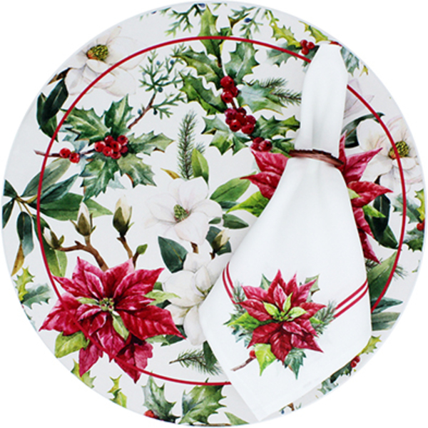 Kit Sousplat + Guardanapo Natal Flores - 2 Peças - Com Base