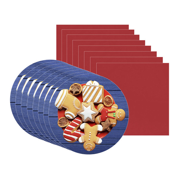 Kit Sousplat + Guardanapo Natal Fundo Biscoito/borda Azul - 8