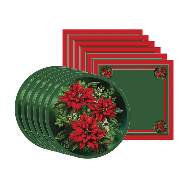 Kit Sousplat + Guardanapo Natal Fundo Flor - 6 Peças - Sem Ba