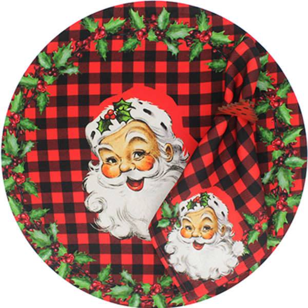 Kit Sousplat + Guardanapo Natal Papai Noel Xadrez - 6 Peças -