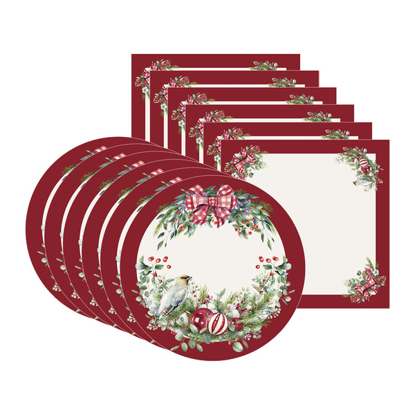 Kit Sousplat + Guardanapo Natal Pássaro/bordô - 8 Peças - Com