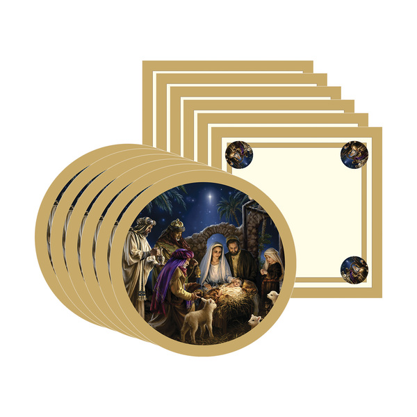 Kit Sousplat + Guardanapo Natal Presépio - 6 Peças - Com Base