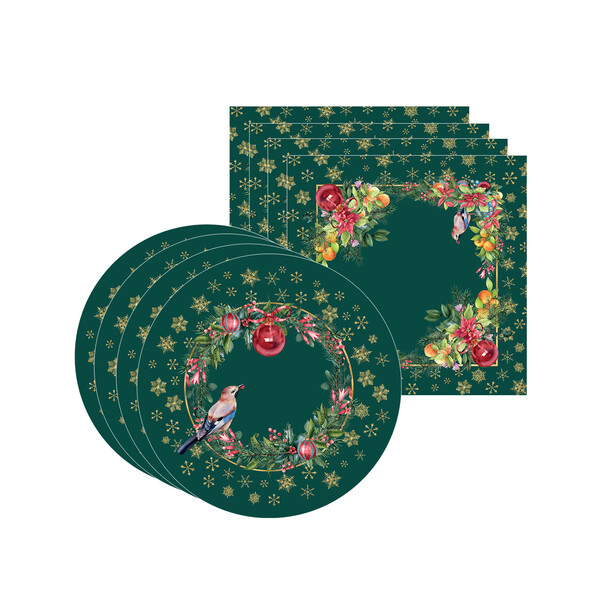 Kit Sousplat + Guardanapo Pássaro Verde - 4 Peças - Sem Base