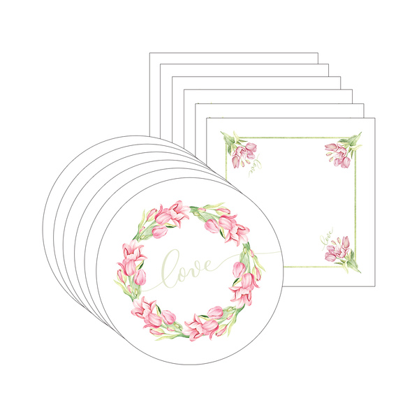 Kit Sousplat + Guardanapo Tulipas Love - 6 Peças - Com Base