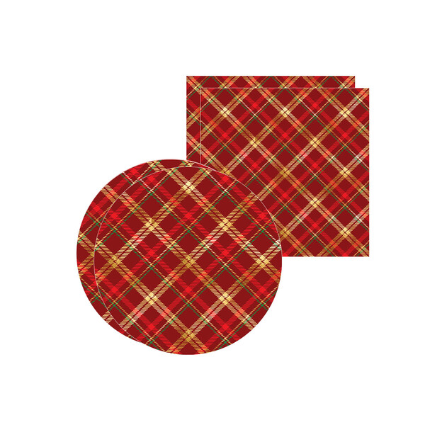 Kit Sousplat + Guardanapo Xadrez Vermelho/dourado - 2 Peças -