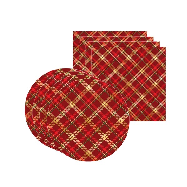 Kit Sousplat + Guardanapo Xadrez Vermelho/dourado - 4 Peças -