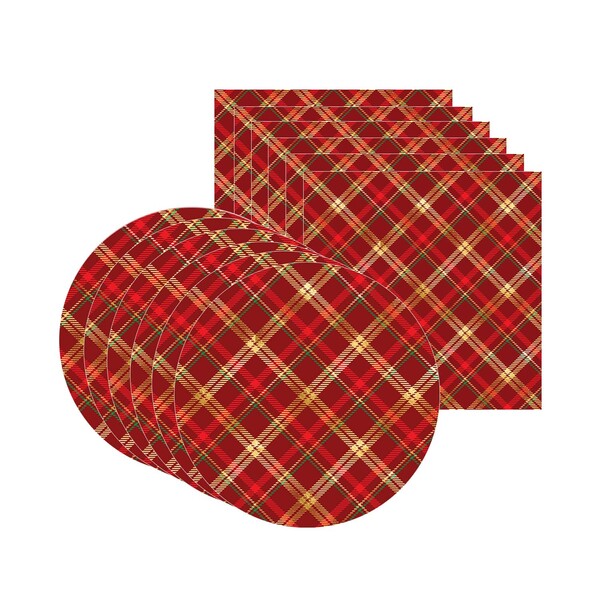 Kit Sousplat + Guardanapo Xadrez Vermelho/dourado - 6 Peças -