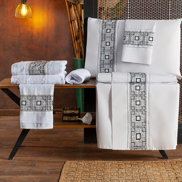 Kit Suite Casal Padrão Grécia Bordado Jogo De Cama Banho Bran