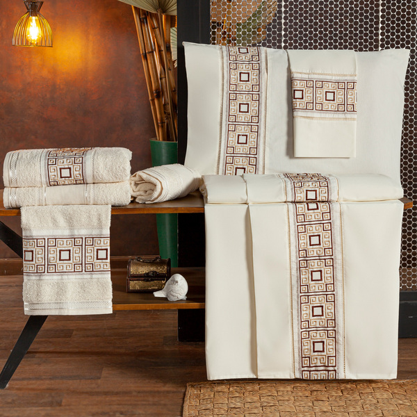 Kit Suite Casal Padrão Grécia Bordado Jogo De Cama Banho Palh